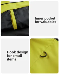 Detail of inner security pocket and D-ring hook on waterproof outdoor hiking jacket