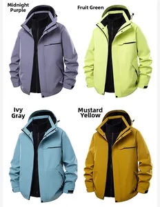 Detail view of 3-in-1 outdoor jacket in purple, green, light blue, and mustard yellow
