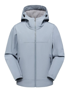 Outdoor light blue hooded softshell jacket with windproof fabric and warm fleece lining