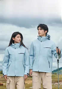 Outdoor light blue hooded windbreaker jacket with zipper pockets and trekking poles