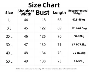 Detailed size chart for men down cotton vest showing measurements from size L to 5XL