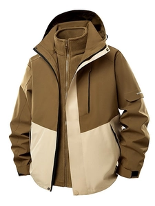 Three-in-one waterproof outdoor jacket with detachable fleece liner and hood in brown