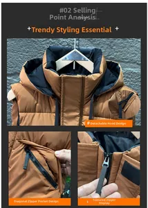 Detail view of brown puffer vest featuring detachable hood and premium zipper pockets
