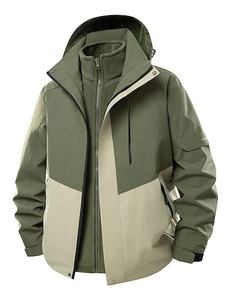 Men's 3-in-1 waterproof hiking jacket with olive green fleece lining and hood