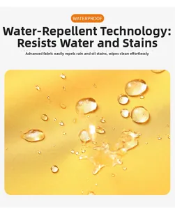 Macro detail of yellow waterproof jacket fabric showing water-repellent droplet technology