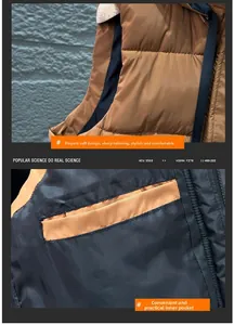 Detail of the brown padded vest showing waterproof fabric armholes and internal pocket