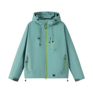 Waterproof mint green hooded outdoor jacket with neon green zippers and functional D-rings