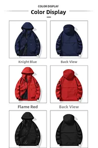 Detail view of hooded outdoor jackets showing blue and red color options and back views