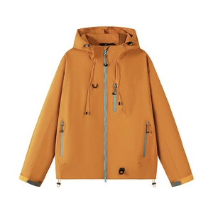 Waterproof yellow hooded outdoor windbreaker jacket with contrast zippers for hiking