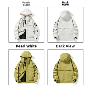Detail view of multi-pocket windbreaker jackets in pearl white and olive green colors