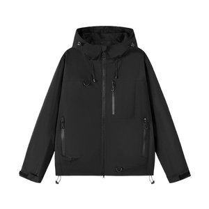 Waterproof black outdoor hooded techwear jacket with functional pockets and adjustable cords