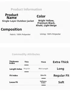 Detailed size chart and material specifications for waterproof outdoor windbreaker