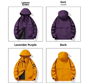 Detailed views of hooded windbreaker with color blocking and multiple zipper pockets