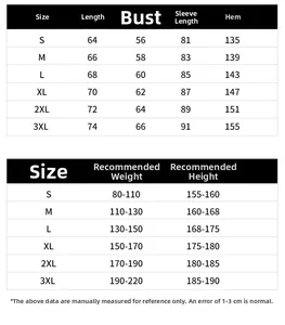 Detailed size chart for waterproof outdoor jacket showing chest and length measurements