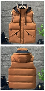 Detailed front and back views of a brown quilted puffer vest with drawstring hood