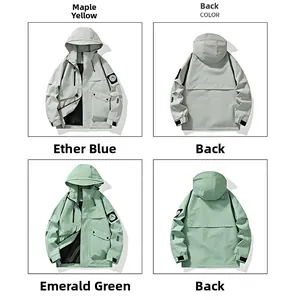 Front and back views of hooded jackets in maple yellow, ethereal blue, and verdant green