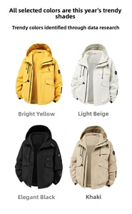 Collage of outdoor waterproof hooded jackets in yellow, off-white, black, and khaki colors