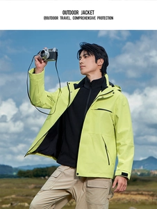 Outdoor waterproof 3-in-1 jacket in bright green with inner layer for hiking