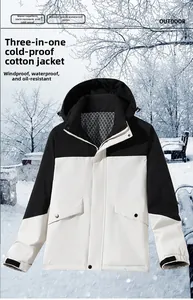 Detail view of waterproof and windproof outdoor parka with high-performance protective fabric