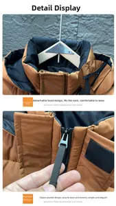 Detail of detachable hood and zipper closure on men's thick padded winter vest