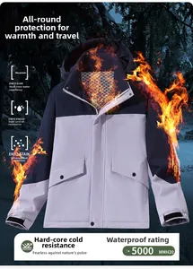 Detail of waterproof outdoor jacket showing blue and purple panels with heat retention tech