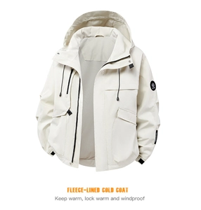 Detail view of beige fleece-lined windbreaker featuring waterproof hood and zip pockets