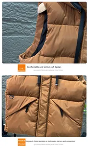 Detailed view of brown quilted vest featuring black zipper pockets and glossy fabric