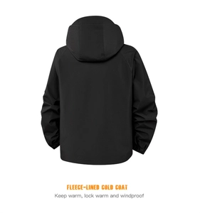 Detail of fleece-lined interior on black hooded waterproof outdoor jacket for warmth