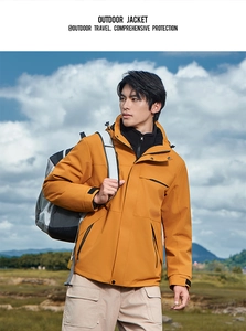 Outdoor waterproof orange trekking jacket featuring windproof hood and adjustable cuffs