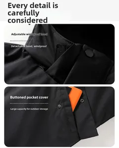 Detail of adjustable detachable windproof hood and large buttoned flap storage pockets