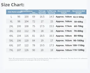 Detailed size chart for men's stretch ice silk pants ranging from size L to 7XL