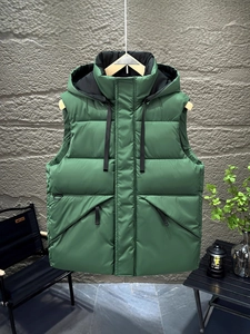 Mens thick hooded down puffer vest in green for outdoor winter warmth and fashion