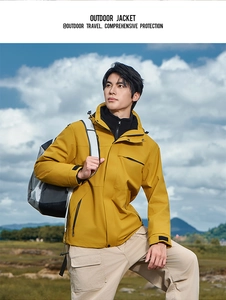 Outdoor waterproof yellow jacket detail showing functional zipper pockets and hood design
