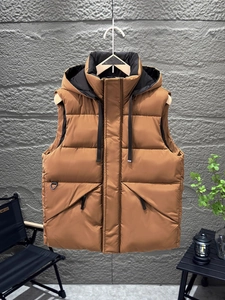 Men's stylish hooded puffer vest in caramel brown for winter warmth and outdoor wear