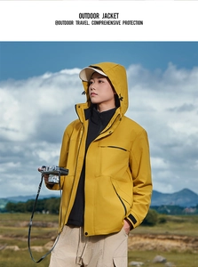Detail of yellow outdoor jacket with waterproof zipper pocket and adjustable cuffs