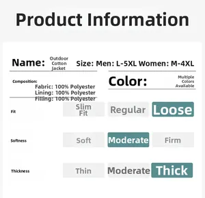 Size chart for waterproof outdoor parka with 100% polyester fabric and thick padding