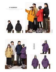 Detail of outdoor hooded cargo jackets in multiple colors with functional pockets and patches