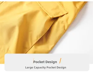 Close-up of yellow waterproof jacket featuring large capacity pocket design and neat stitching
