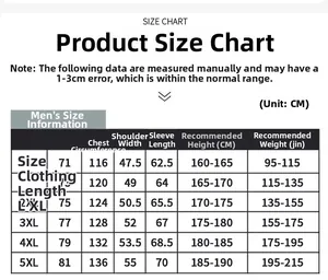Size chart for outdoor waterproof cotton jacket with measurements from L to 5XL