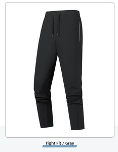 Detail of men's grey stretch leisure pants with elastic drawstring waist and zip pocket