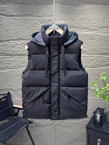 Men's stylish black hooded down vest with quilted pattern and warm insulated design