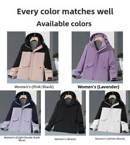 Detail of waterproof outdoor jacket showing color variations and windproof hooded collar
