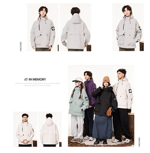 Detail of outdoor multi-pocket hooded jackets featuring color blocking and utility design