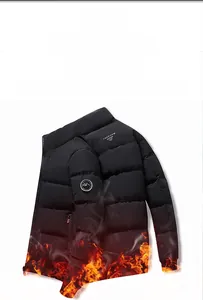 Close-up of insulated black puffer jacket with stand collar and zipper pocket detail