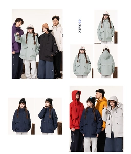 Detail view showing multi-color hooded tactical jackets in oversized outdoor style
