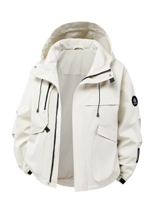 Outdoor hooded waterproof jacket in ivory white with breathable mesh lining and cargo pockets