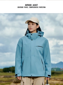 Detail of blue outdoor windproof jacket featuring adjustable cuffs and zipper pockets