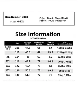 Detailed size chart for men's winter padded jacket in various colors and sizes M to 8XL