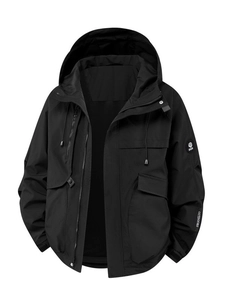 Men's black waterproof hooded outdoor jacket with windproof fabric and multi-pockets