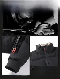 Detail of high-quality zipper and windproof ribbed cuffs on men's winter cotton jacket
